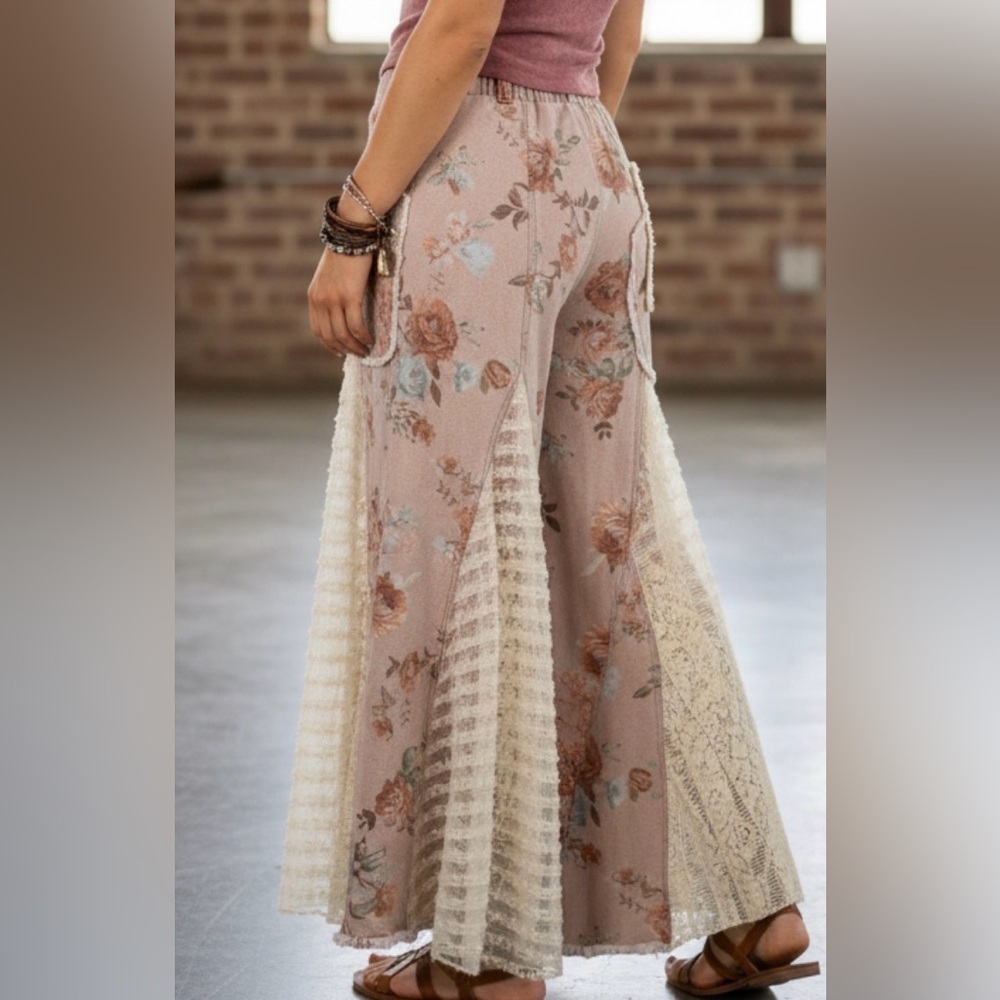 NWT Floral Print Boho Patchwork Lace Panel Ultra Wide Leg Flare Bohemian Pants - Picture 14 of 14